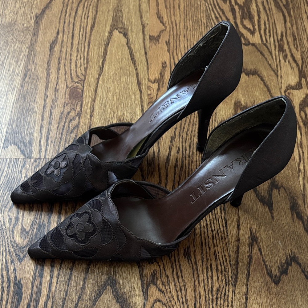 NY Transit Elegant Brown See Through Floral Women's Heels size 7 - Picture 2 of 7
